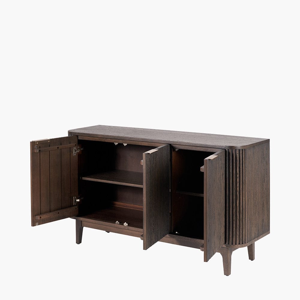 Raie Dark Brown Ribbed Oak & Pine Wood 3 Door Sideboard.