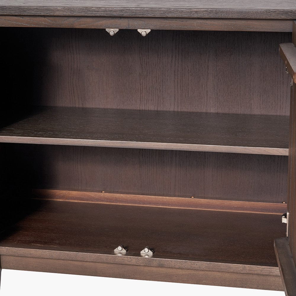 Raie Dark Brown Ribbed Oak & Pine Wood 3 Door Sideboard.