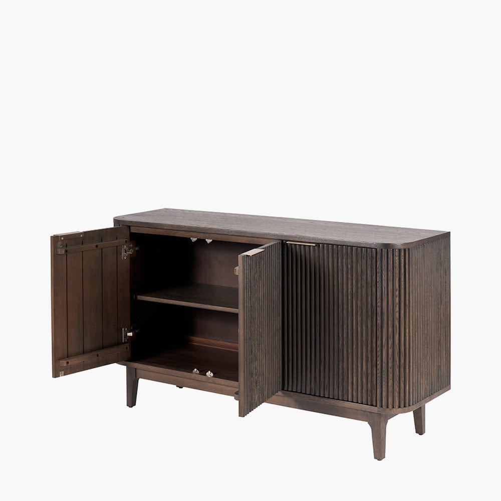 Raie Dark Brown Ribbed Oak & Pine Wood 3 Door Sideboard.