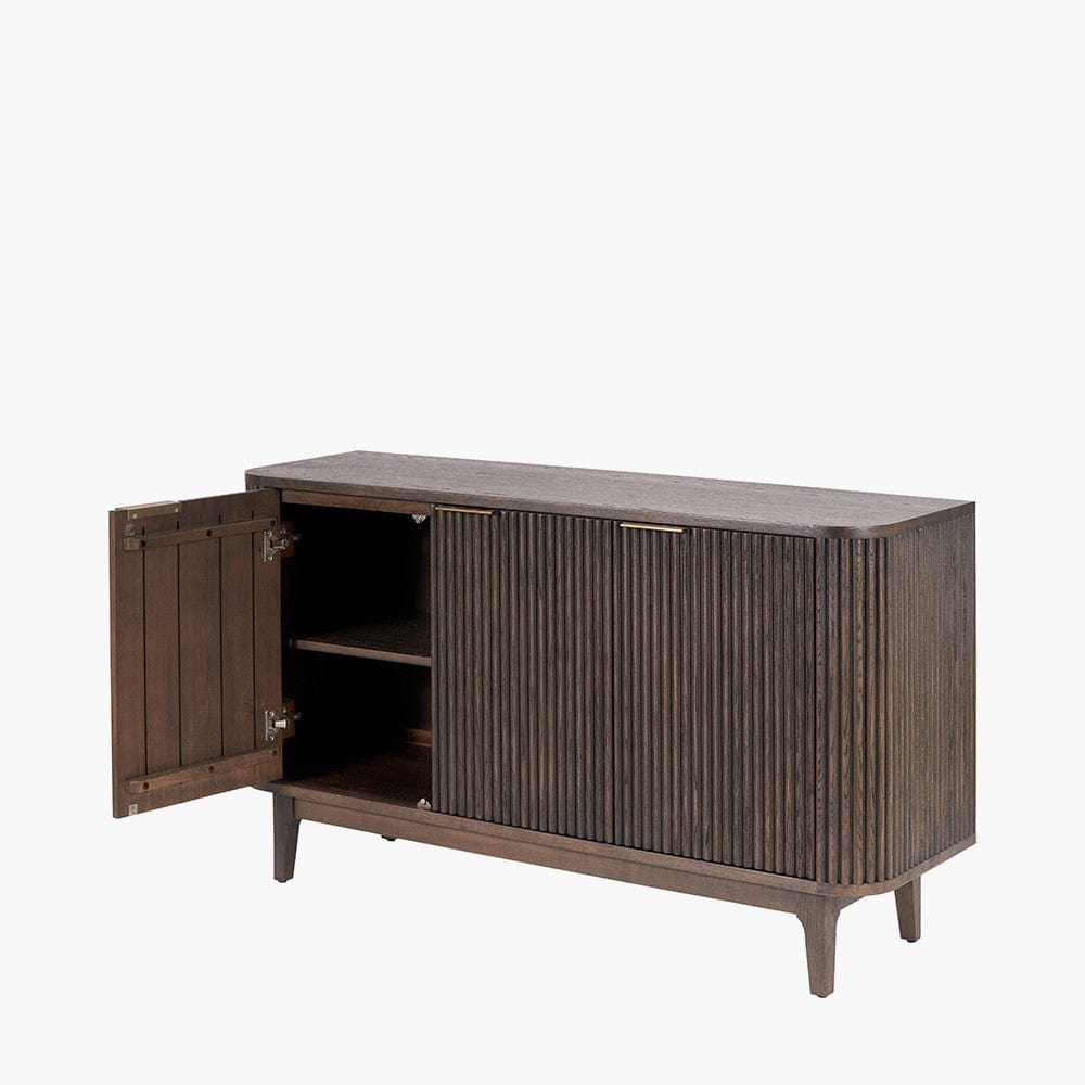 Raie Dark Brown Ribbed Oak & Pine Wood 3 Door Sideboard.