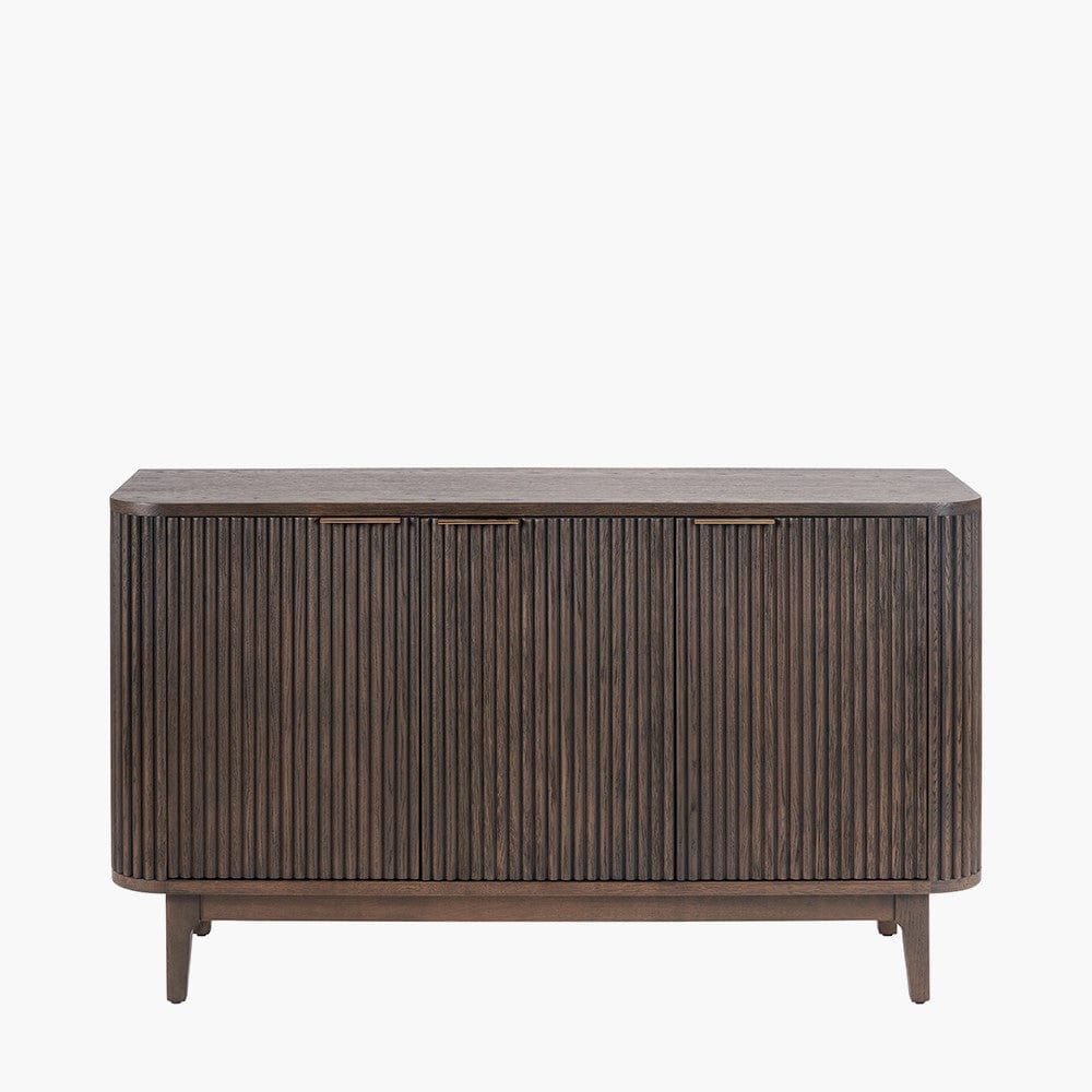 Raie Dark Brown Ribbed Oak & Pine Wood 3 Door Sideboard.