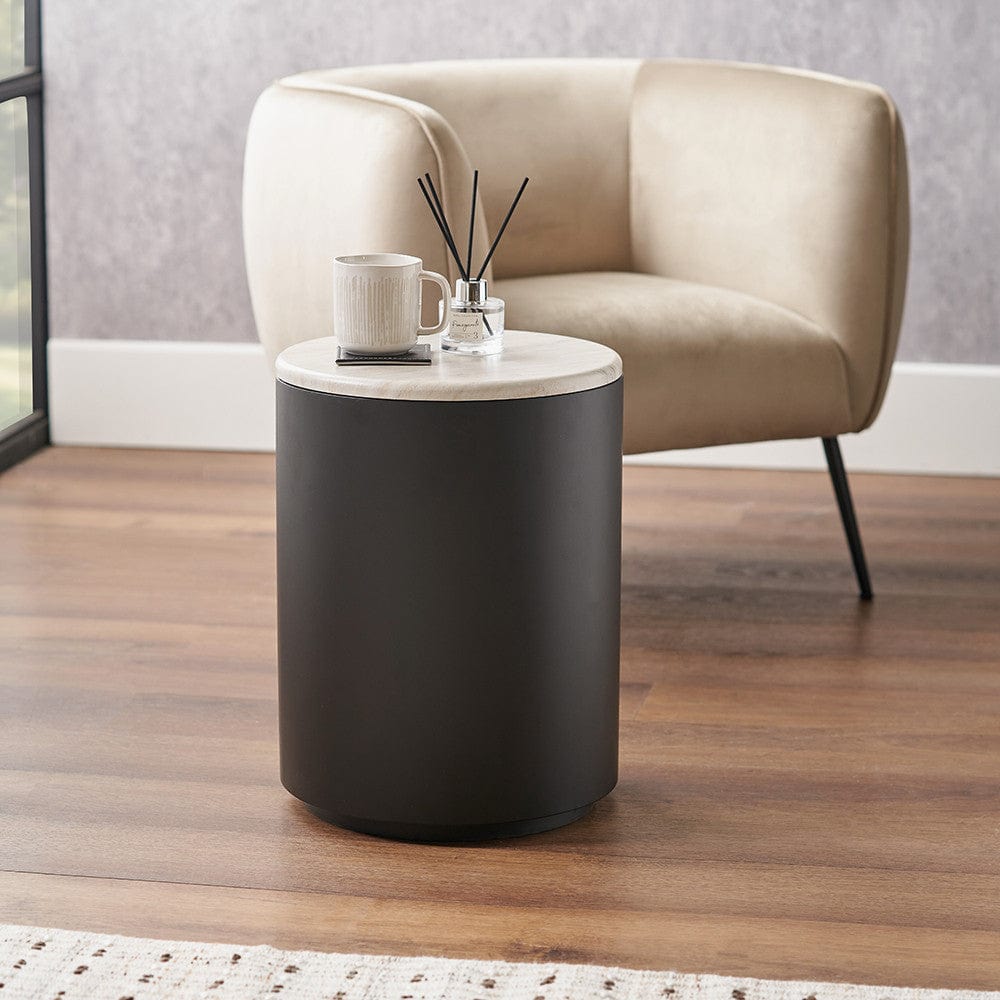 Remy White Marble Effect and Black Metal Storage Side Table.
