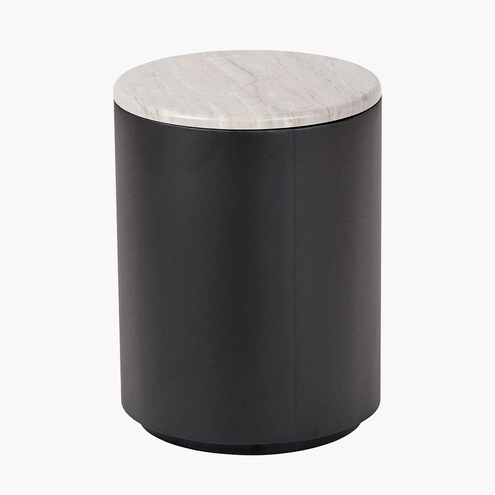 Remy White Marble Effect and Black Metal Storage Side Table.