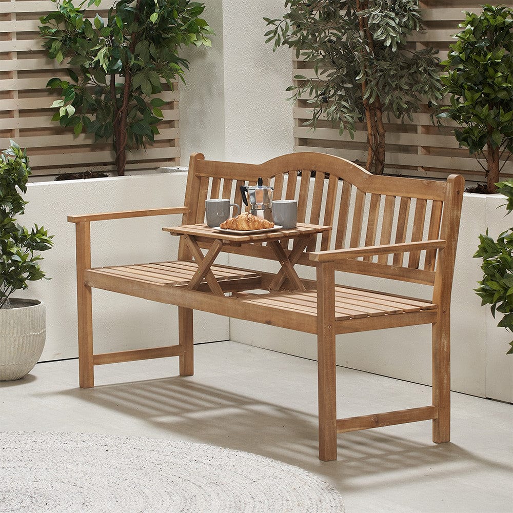 Pacific Lifestyle Outdoors Richmond Light Teak Acacia Wood Bench with Pop Up Table House of Isabella UK