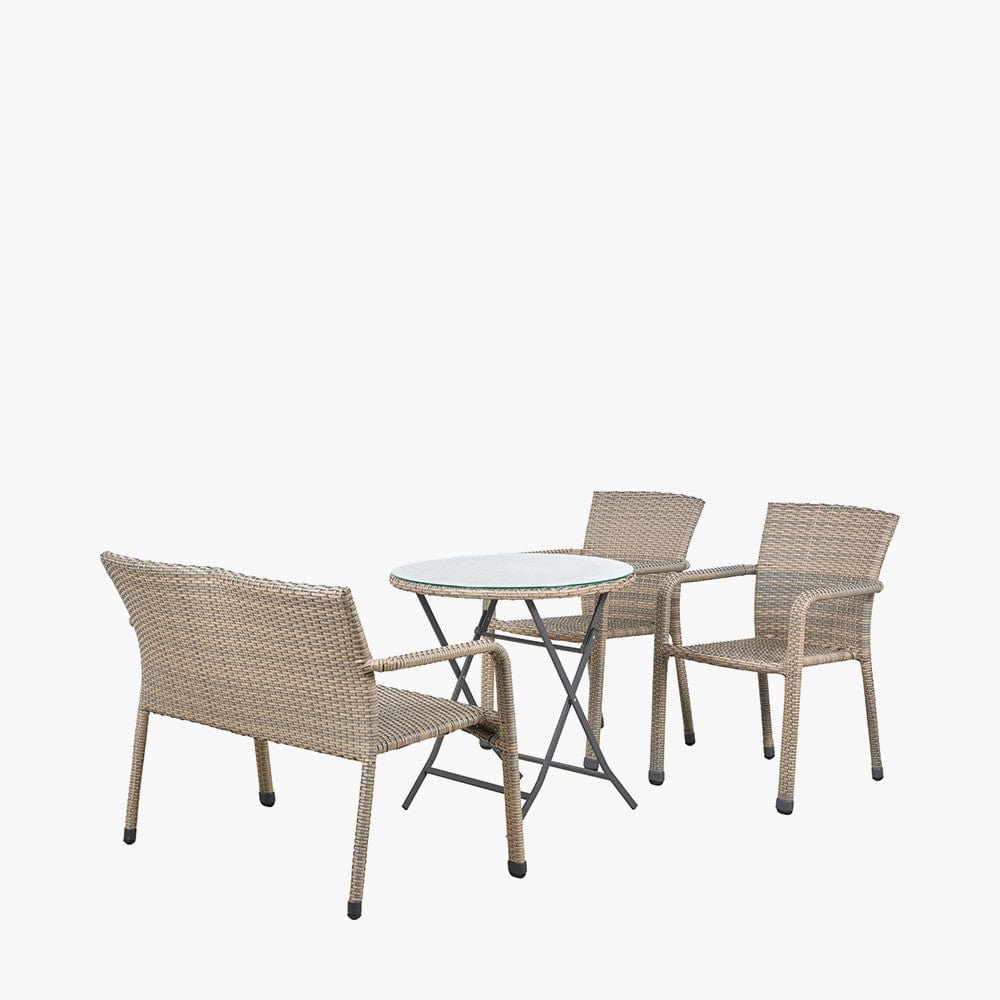 Tobs Outdoor Grey Synthetic Rattan Bench & Two Armchairs Bistro Set.