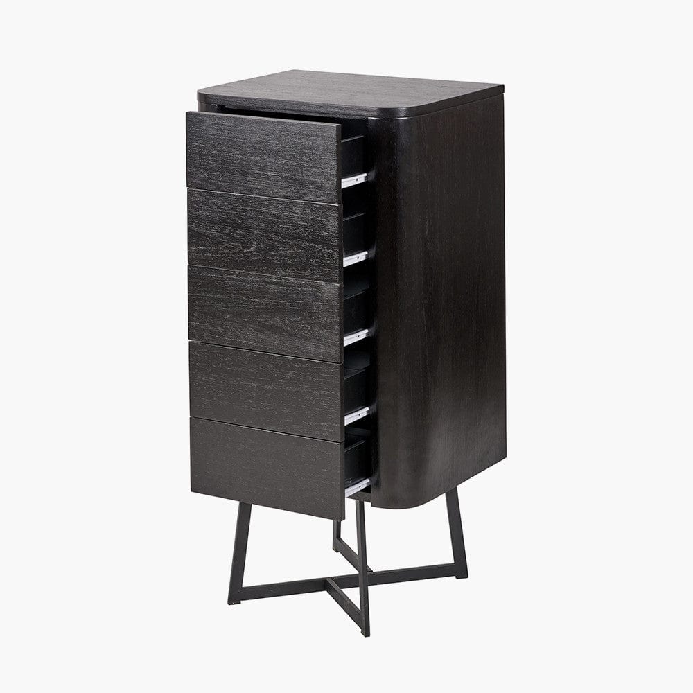 Pacific Lifestyle Outdoors Ukiah Black Ash Veneer and Black Metal 5 Drawer Tall Boy House of Isabella UK