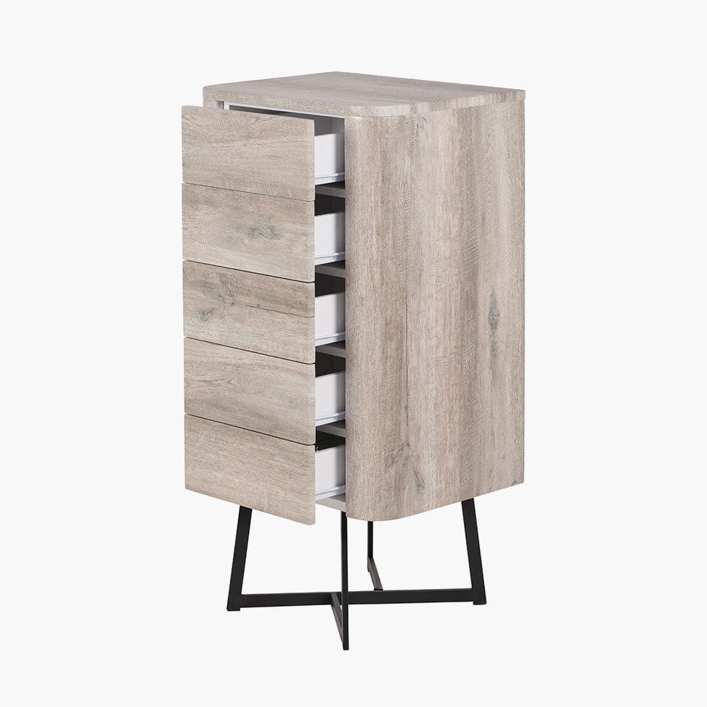 Ukiah Grey Oak Veneer and Black Metal 5 Drawer Tall Boy.