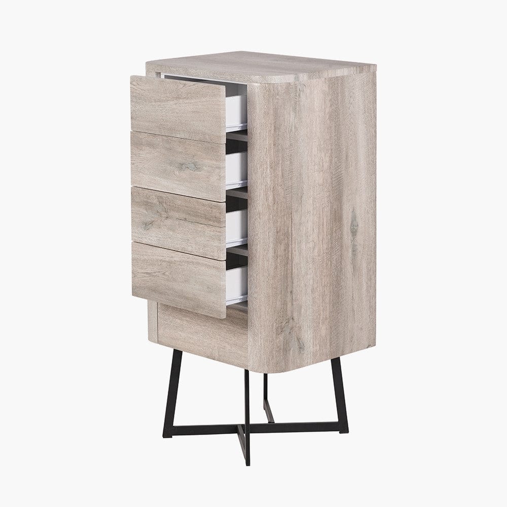 Ukiah Grey Oak Veneer and Black Metal 5 Drawer Tall Boy.