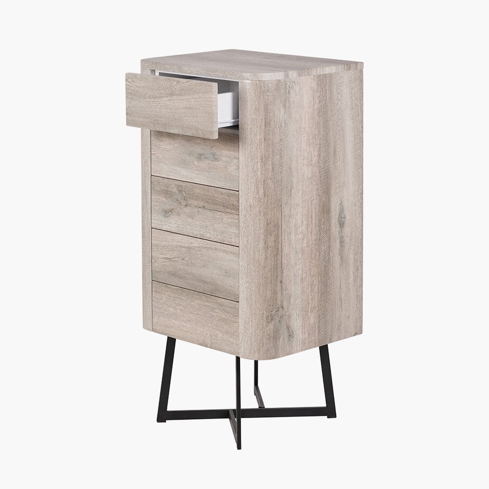 Pacific Lifestyle Outdoors Ukiah Grey Oak Veneer and Black Metal 5 Drawer Tall Boy House of Isabella UK