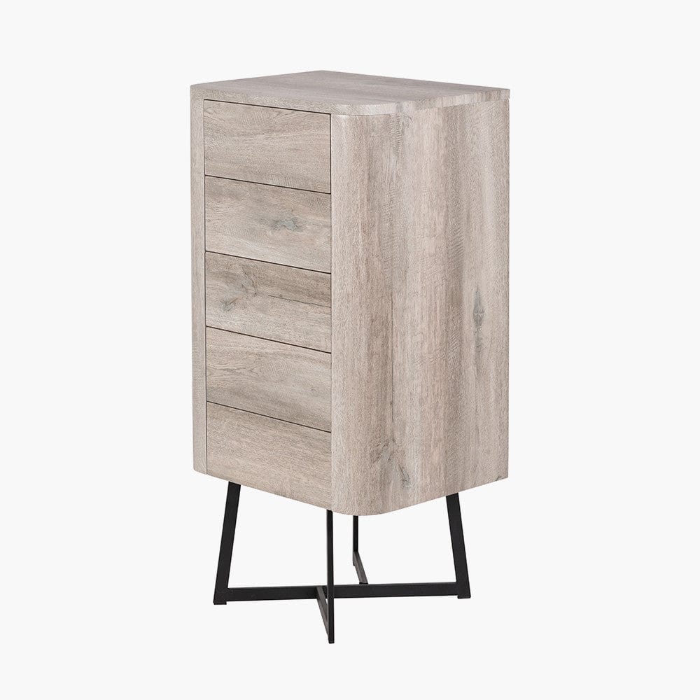 Pacific Lifestyle Outdoors Ukiah Grey Oak Veneer and Black Metal 5 Drawer Tall Boy House of Isabella UK