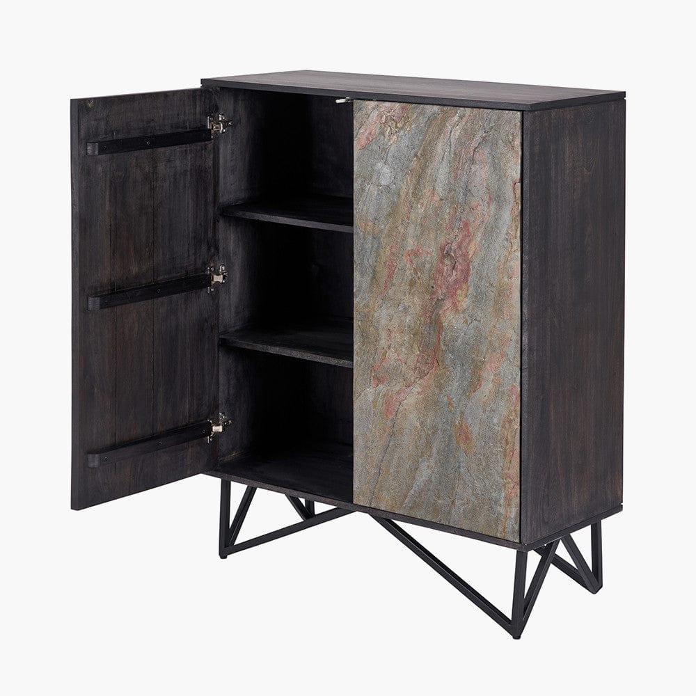 Verde Black Mango Wood and Stone Veneer 2 Door Bar Cabinet.