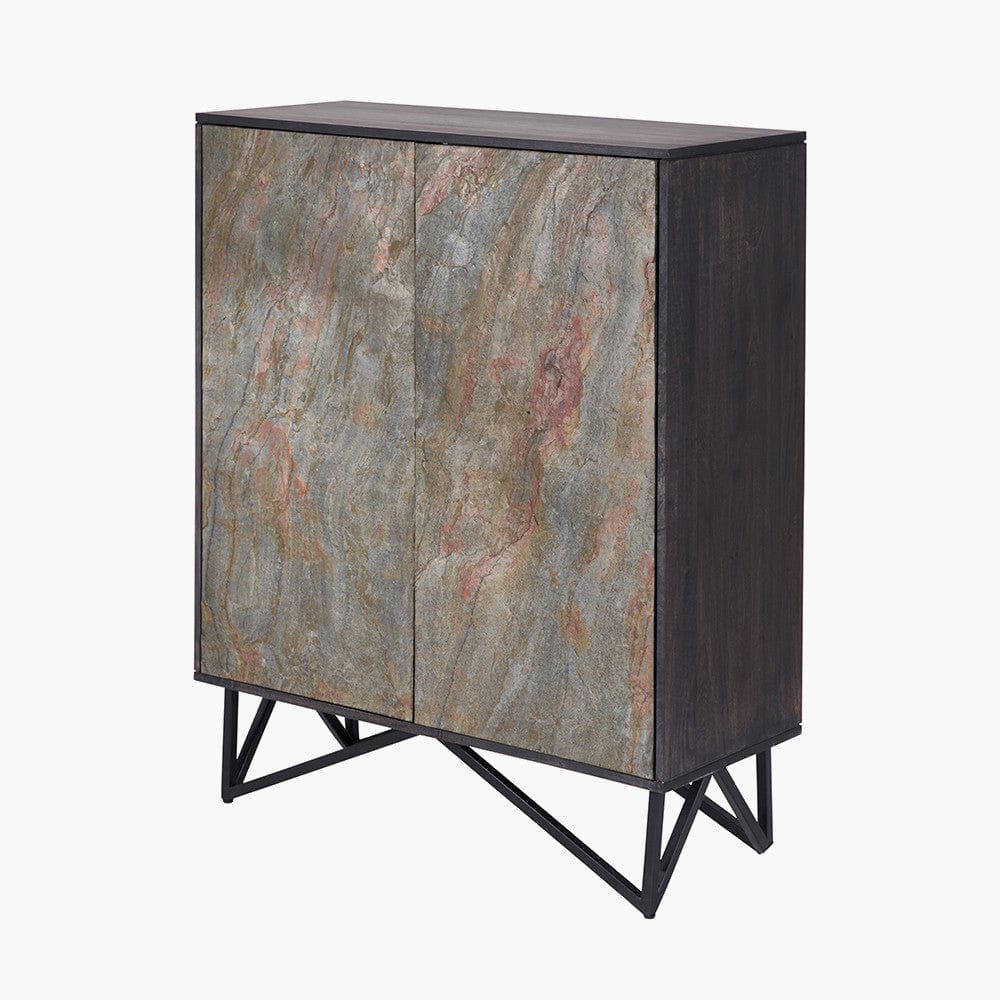 Verde Black Mango Wood and Stone Veneer 2 Door Bar Cabinet.