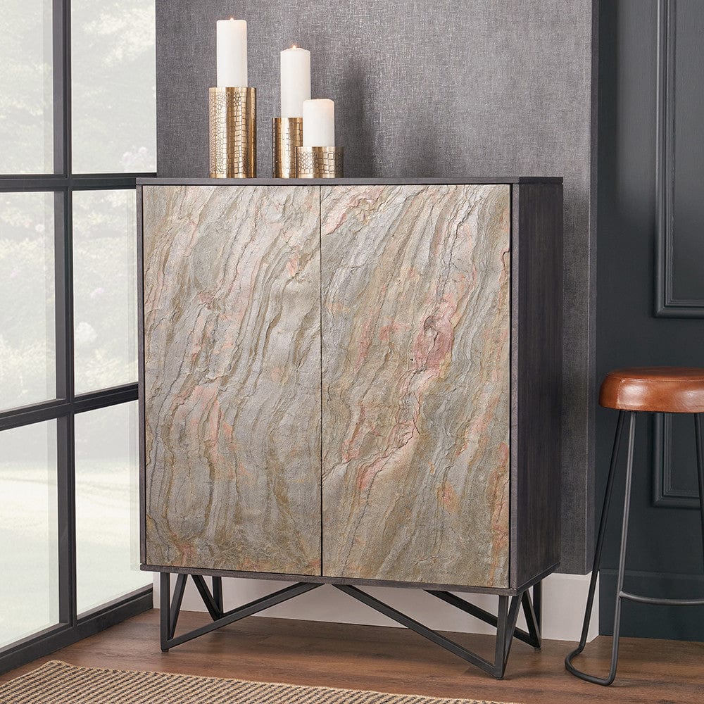 Verde Black Mango Wood and Stone Veneer 2 Door Bar Cabinet.