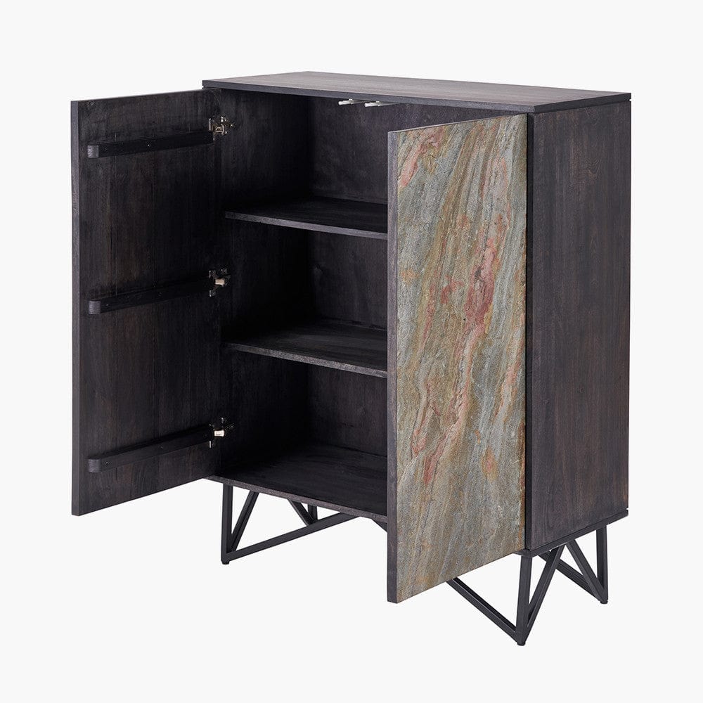 Verde Black Mango Wood and Stone Veneer 2 Door Bar Cabinet.