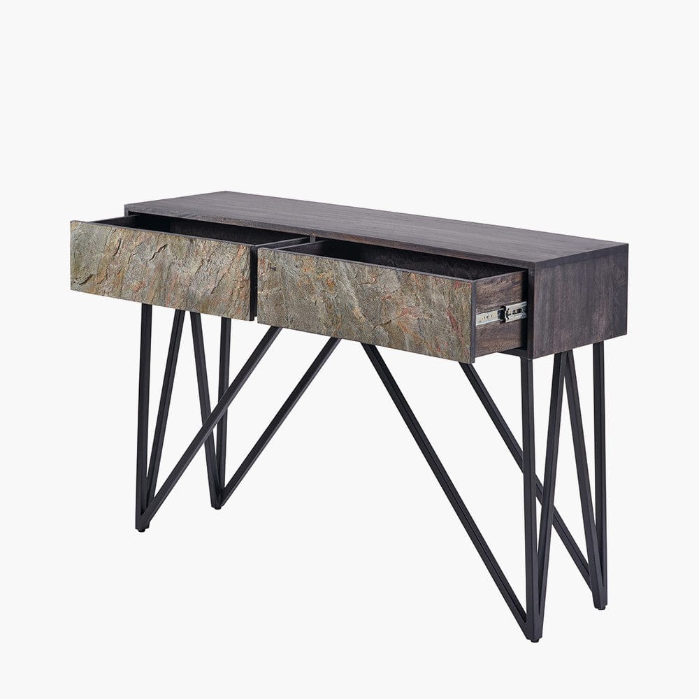 Pacific Lifestyle Outdoors Verde Black Mango Wood and Stone Veneer 2 Drawer Console Table House of Isabella UK