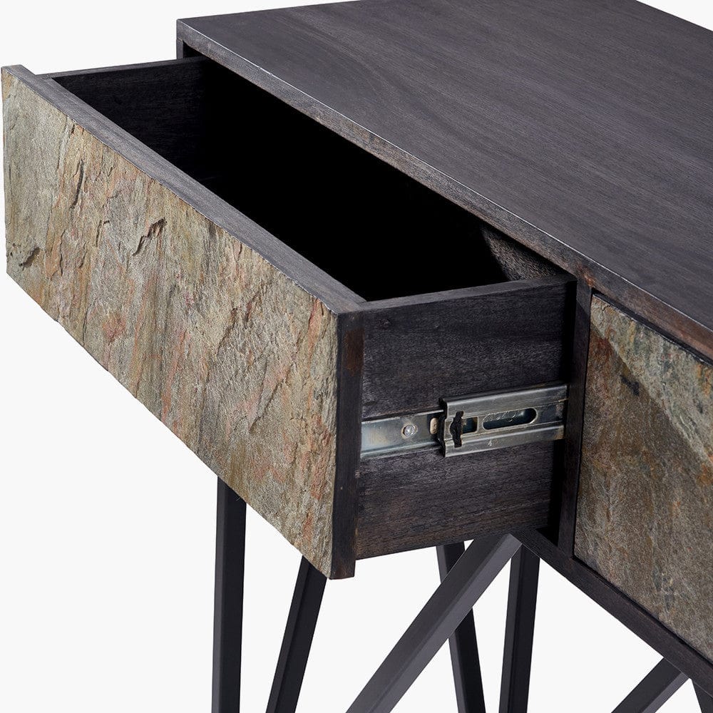 Verde Black Mango Wood and Stone Veneer 2 Drawer Console Table.