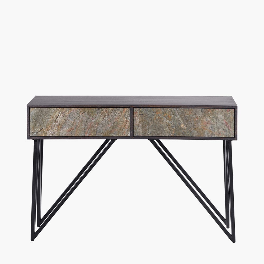 Verde Black Mango Wood and Stone Veneer 2 Drawer Console Table.