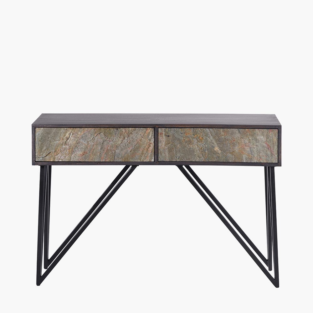 Pacific Lifestyle Outdoors Verde Black Mango Wood and Stone Veneer 2 Drawer Console Table House of Isabella UK