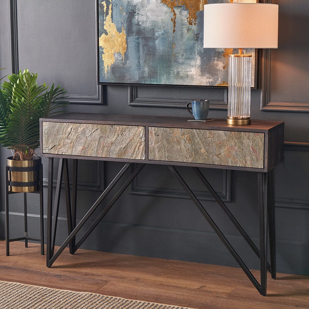 Verde Black Mango Wood and Stone Veneer 2 Drawer Console Table.