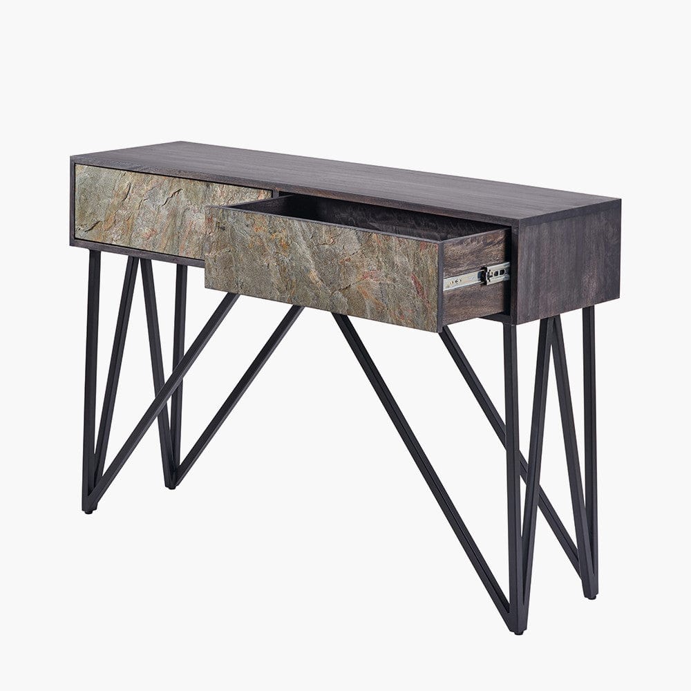 Verde Black Mango Wood and Stone Veneer 2 Drawer Console Table.
