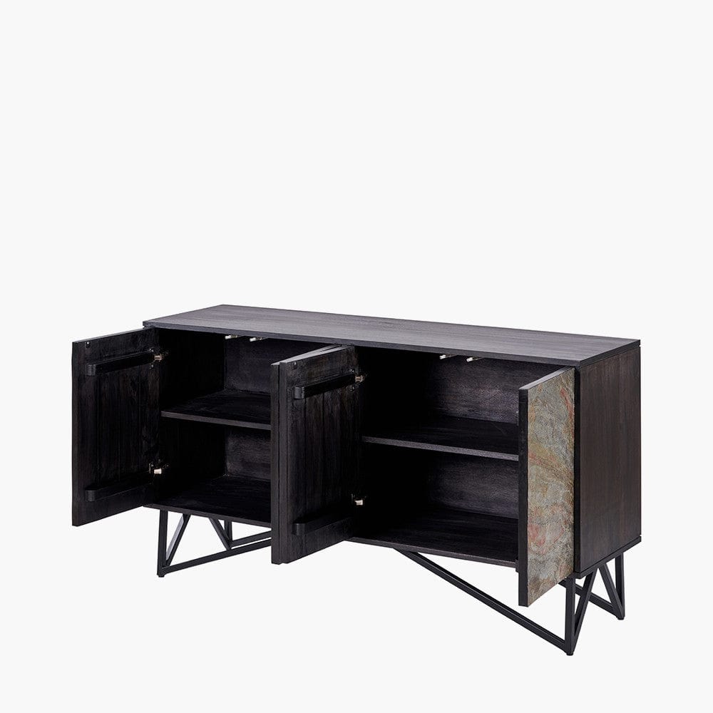 Verde Black Mango Wood and Stone Veneer 4 Door Sideboard.