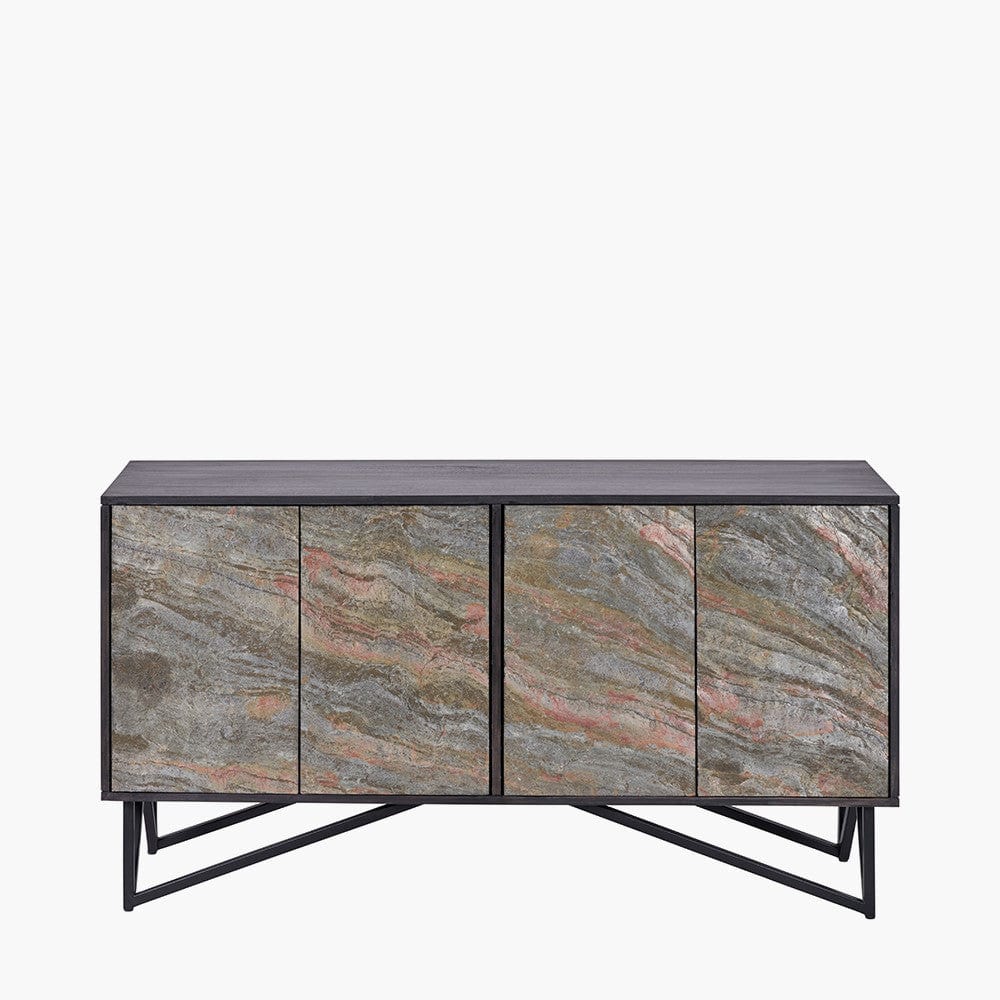 Verde Black Mango Wood and Stone Veneer 4 Door Sideboard.