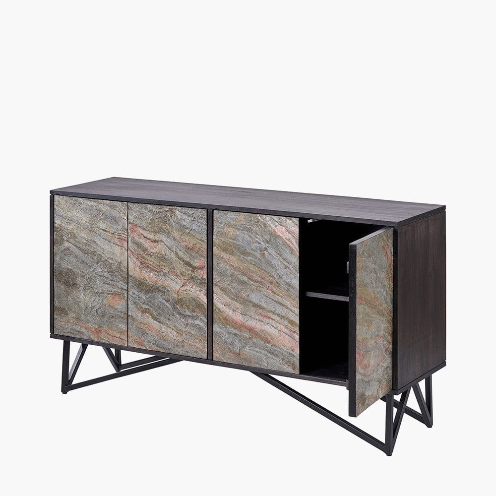 Verde Black Mango Wood and Stone Veneer 4 Door Sideboard.