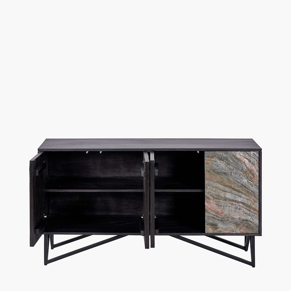 Verde Black Mango Wood and Stone Veneer 4 Door Sideboard.