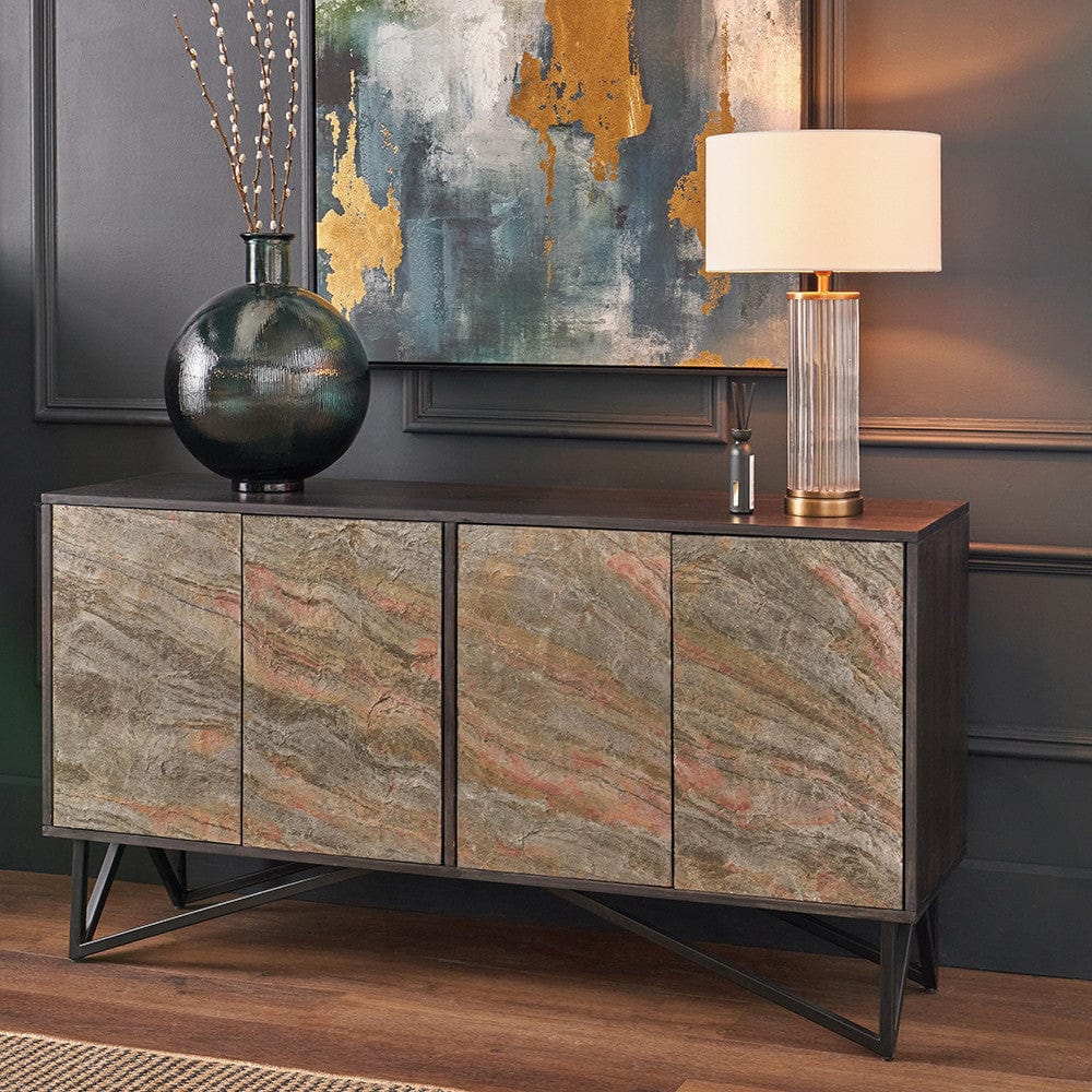 Verde Black Mango Wood and Stone Veneer 4 Door Sideboard.