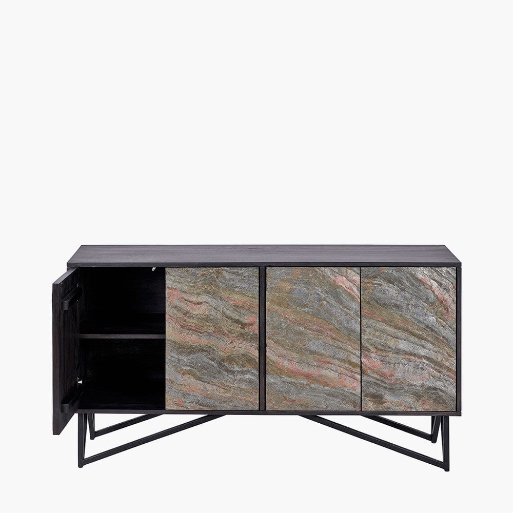 Verde Black Mango Wood and Stone Veneer 4 Door Sideboard.