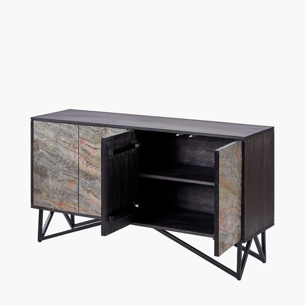 Verde Black Mango Wood and Stone Veneer 4 Door Sideboard.