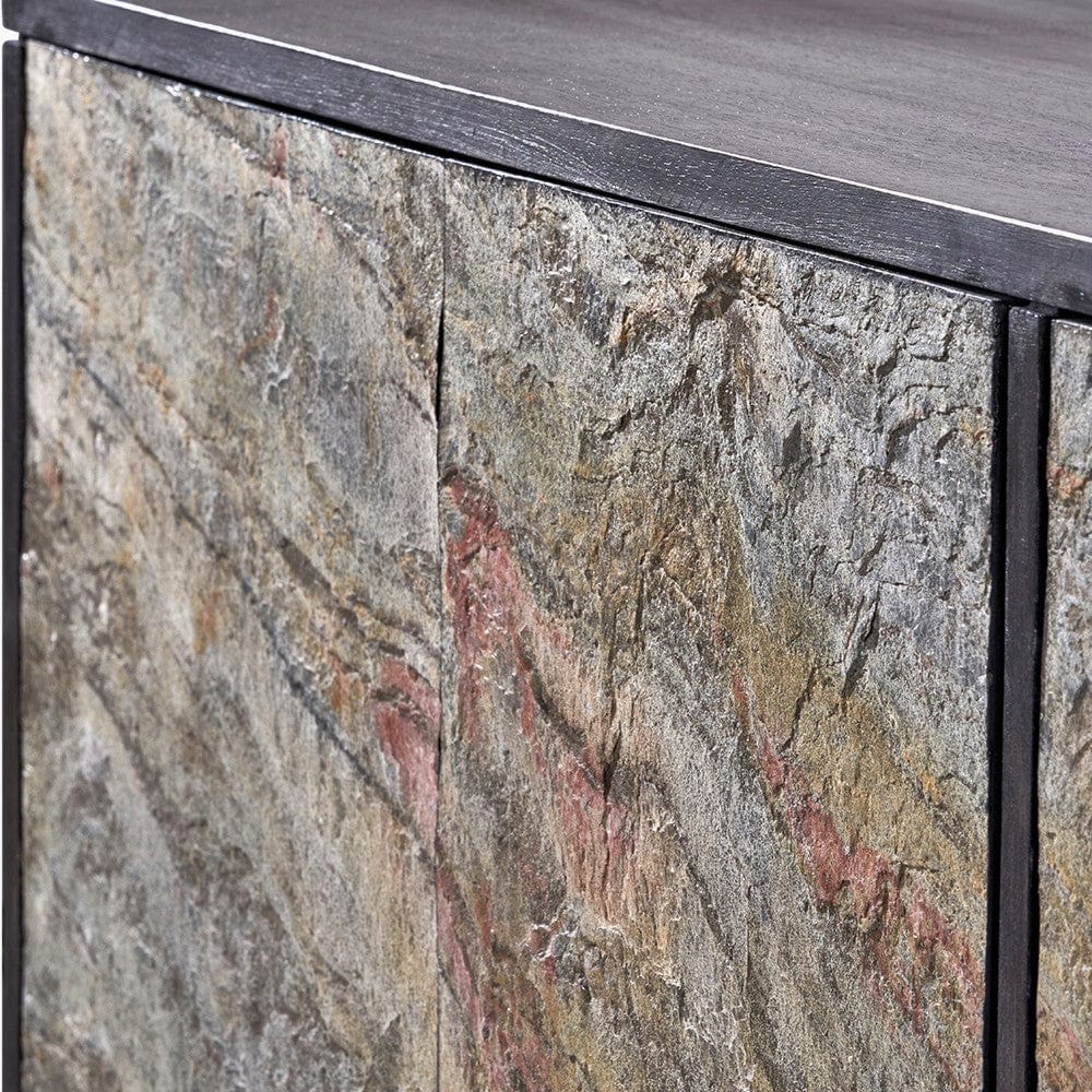Verde Black Mango Wood and Stone Veneer 4 Door Sideboard.