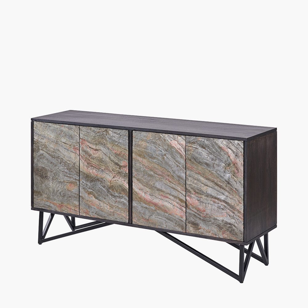 Verde Black Mango Wood and Stone Veneer 4 Door Sideboard.