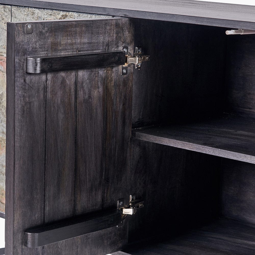 Verde Black Mango Wood and Stone Veneer 4 Door Sideboard.