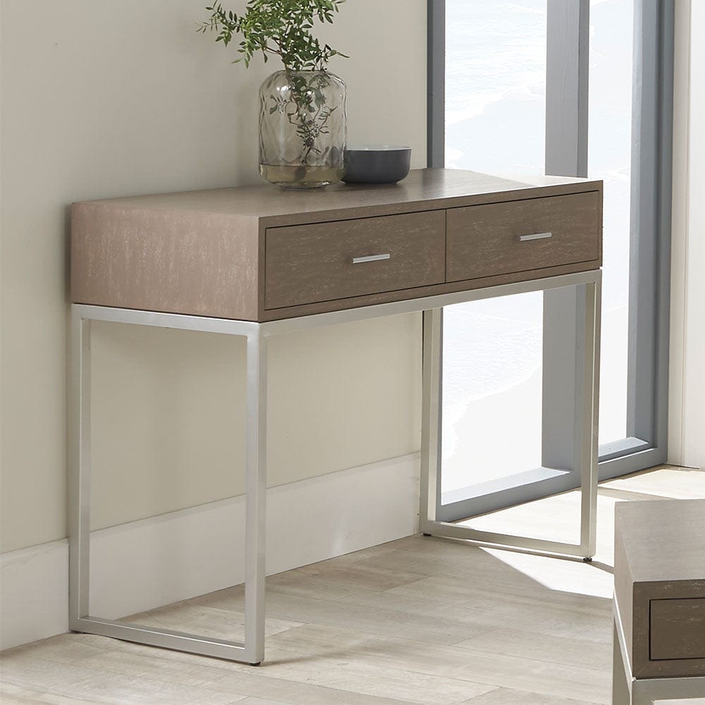 Ambroso Grey Wash Mango Wood and Silver Metal 2 Drawer Dressing Table.