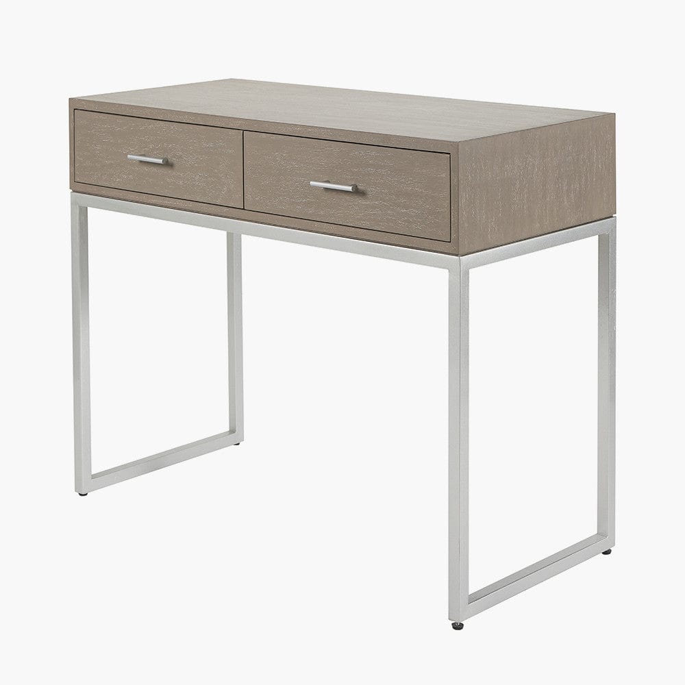 Pacific Lifestyle Sleeping Ambroso Grey Wash Mango Wood and Silver Metal 2 Drawer Dressing Table House of Isabella UK