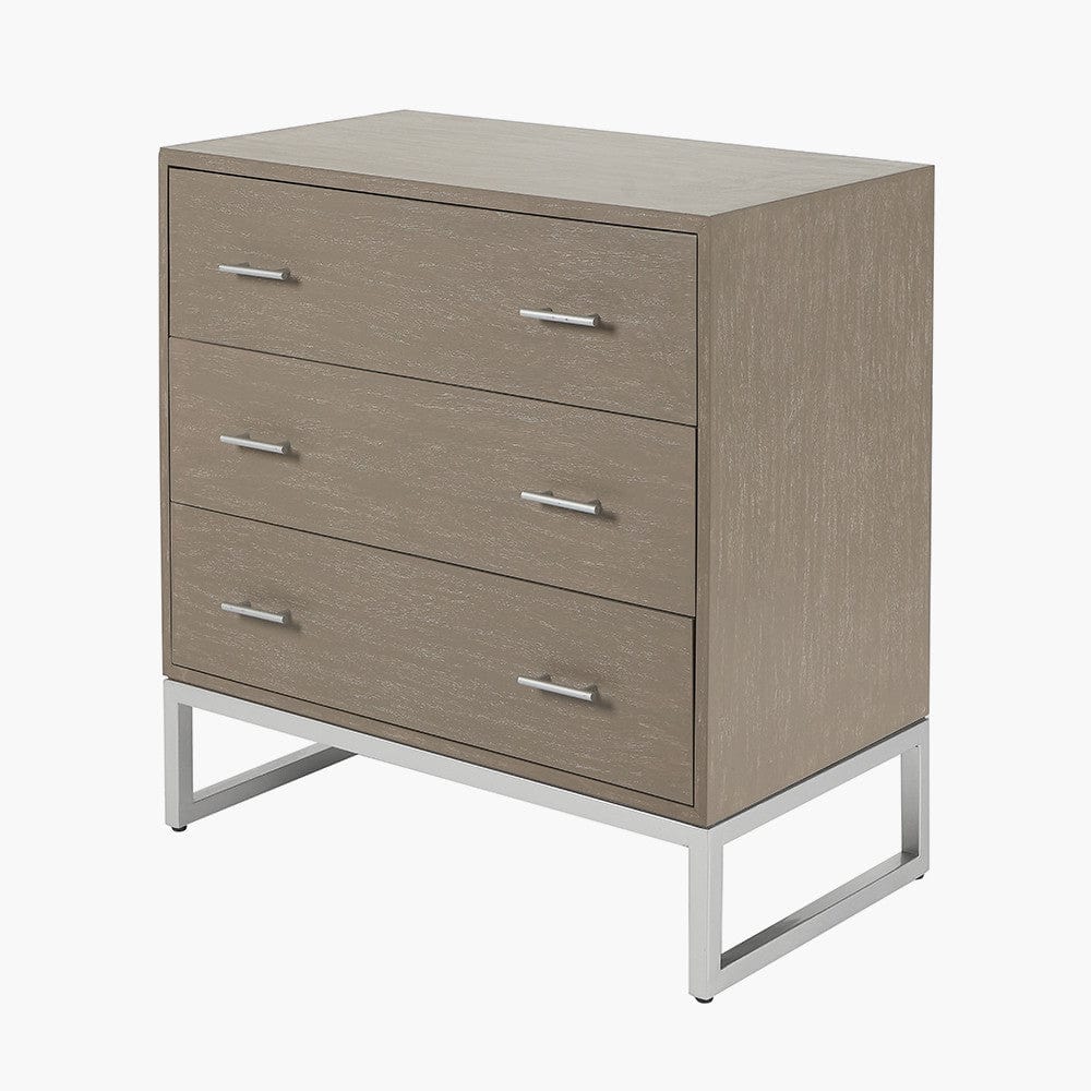 Ambroso Grey Wash Mango Wood and Silver Metal 3 Drawer Unit.