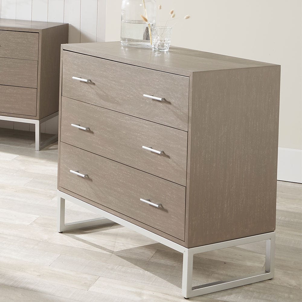 Ambroso Grey Wash Mango Wood and Silver Metal 3 Drawer Unit.