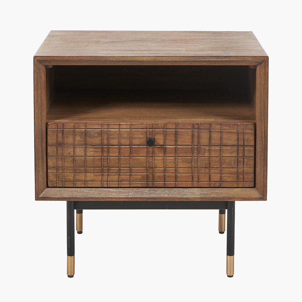 Arte Dark Brown Acacia Wood and Black Metal Bedside Unit.