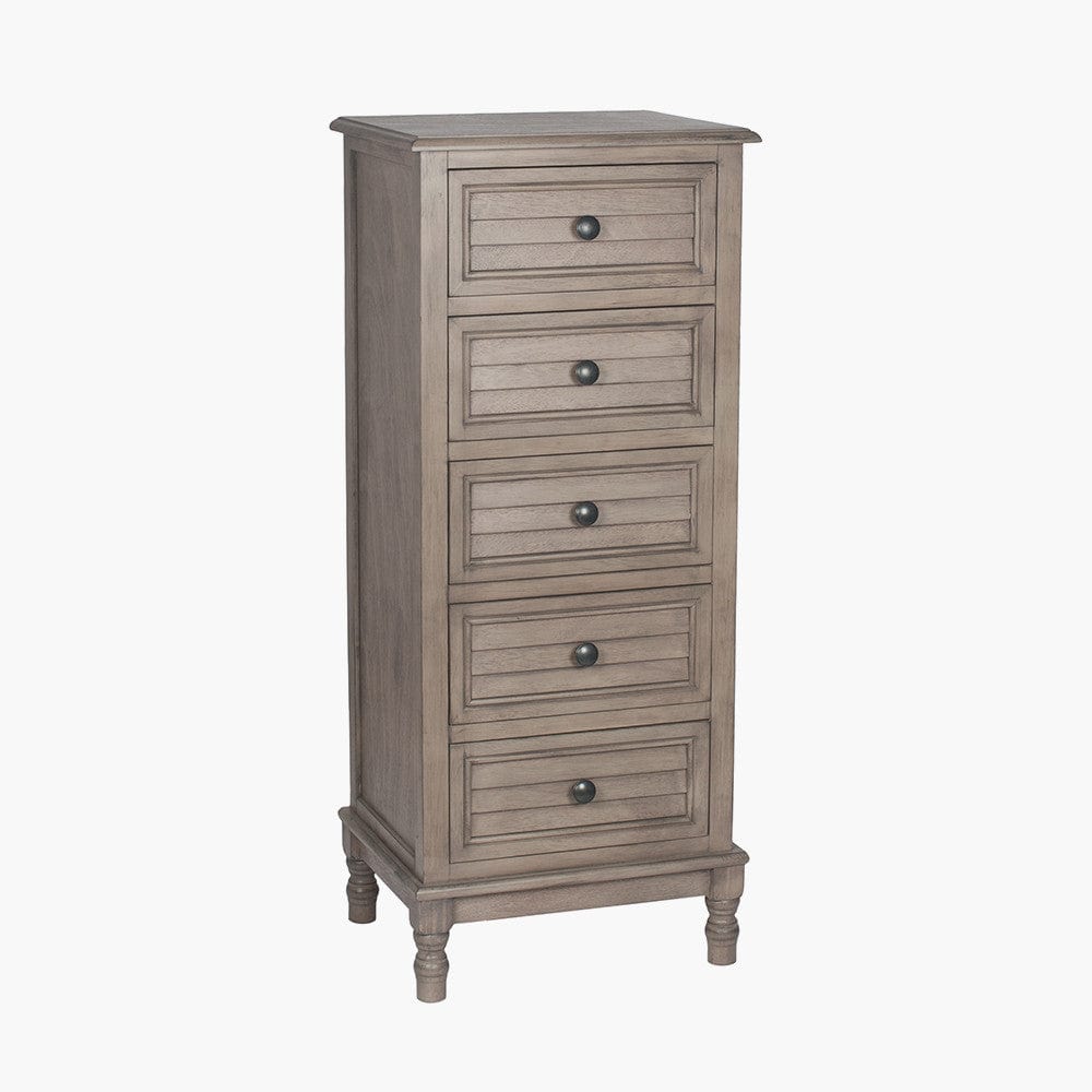 Ashwell Taupe Pine Wood 5 Drawer Tall Boy K/D.