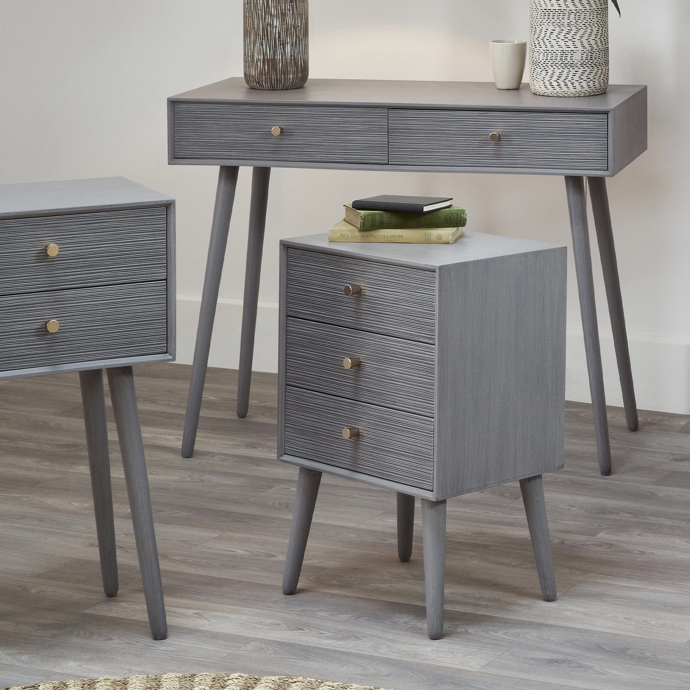 Pacific Lifestyle Sleeping Chaya Dark Grey Pine Wood 3 Drawer Bedside Table K/D House of Isabella UK