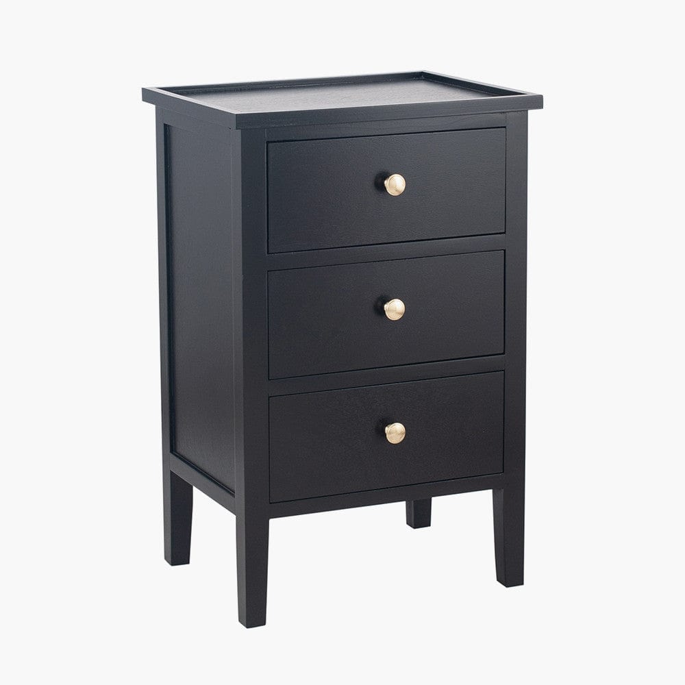 Chelmsford Satin Black Pine Wood 3 Drawer Bedside Unit.