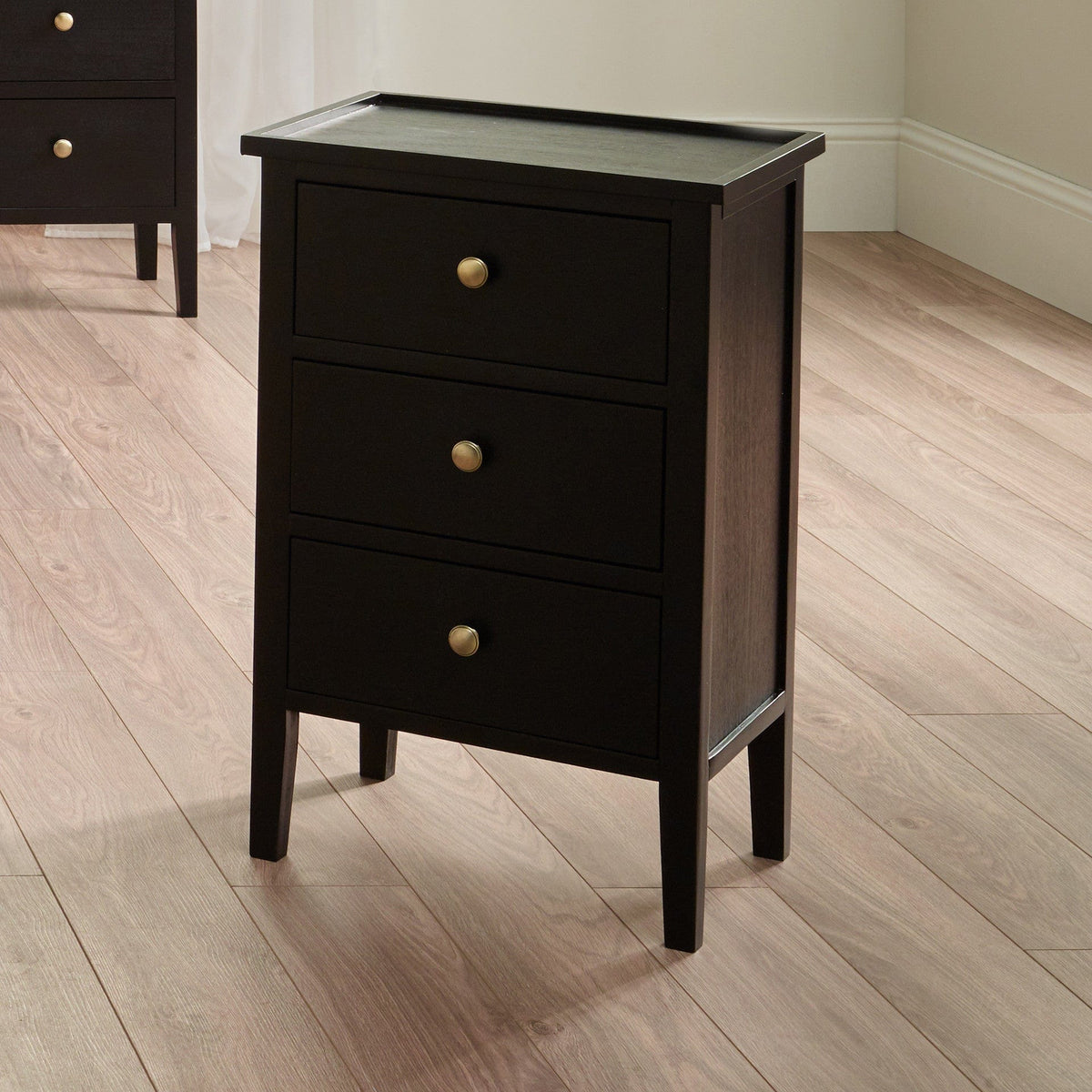 Chelmsford Satin Black Pine Wood 3 Drawer Bedside Unit.