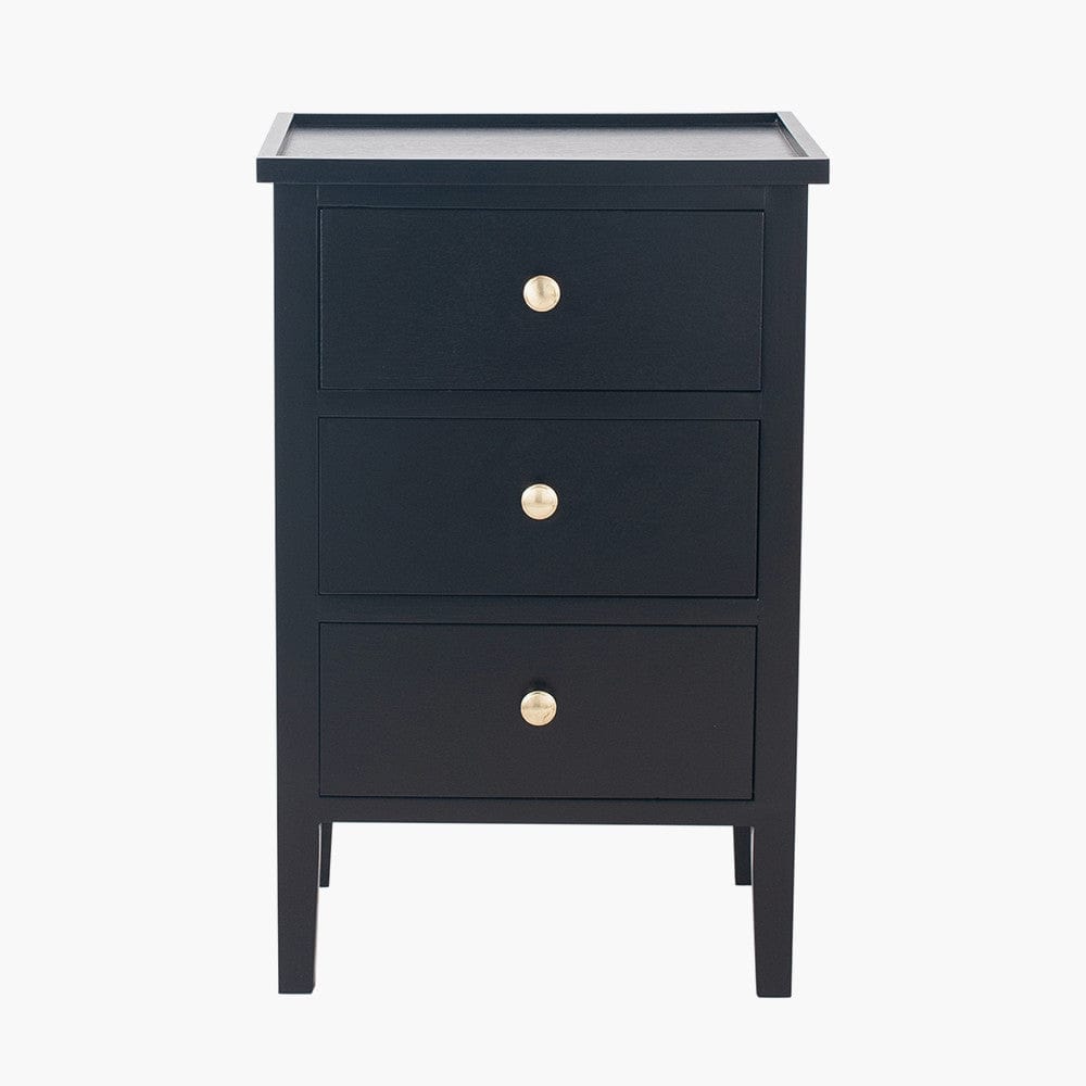 Chelmsford Satin Black Pine Wood 3 Drawer Bedside Unit.