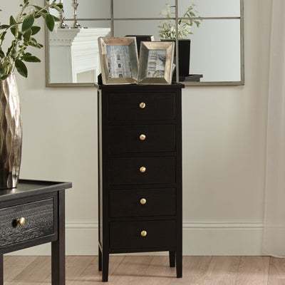 Pacific Lifestyle Sleeping Chelmsford Satin Black Pine Wood 5 Drawer Tall Boy House of Isabella UK