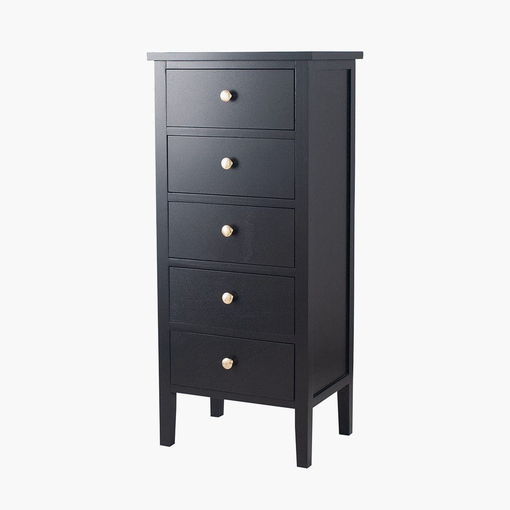 Chelmsford Satin Black Pine Wood 5 Drawer Tall Boy.