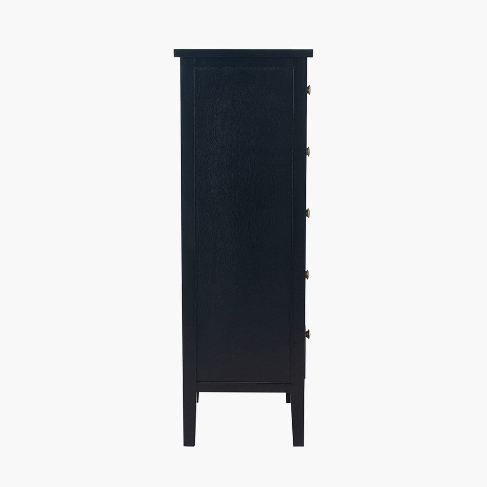 Chelmsford Satin Black Pine Wood 5 Drawer Tall Boy.