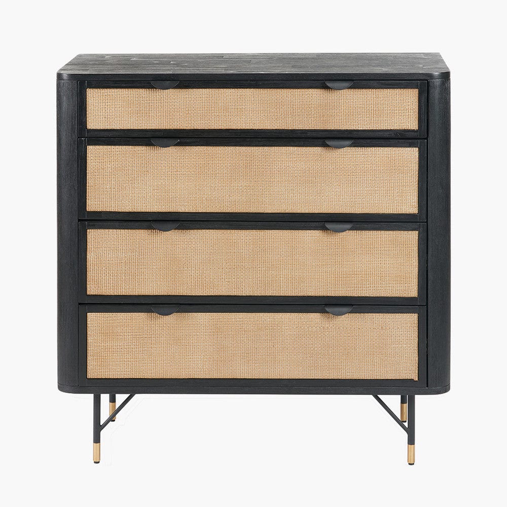 Fiji Black Acacia Wood and Natural Rattan 4 Drawer Unit.