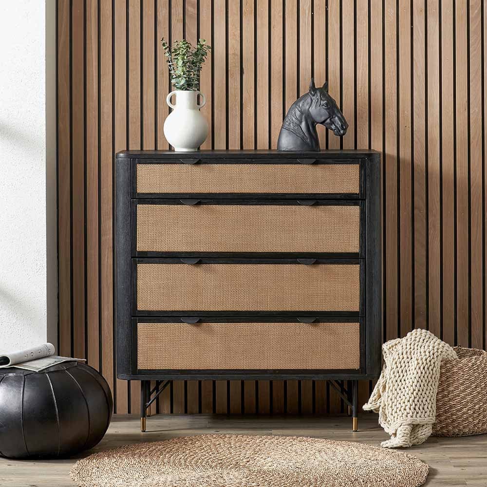 Fiji Black Acacia Wood and Natural Rattan 4 Drawer Unit.