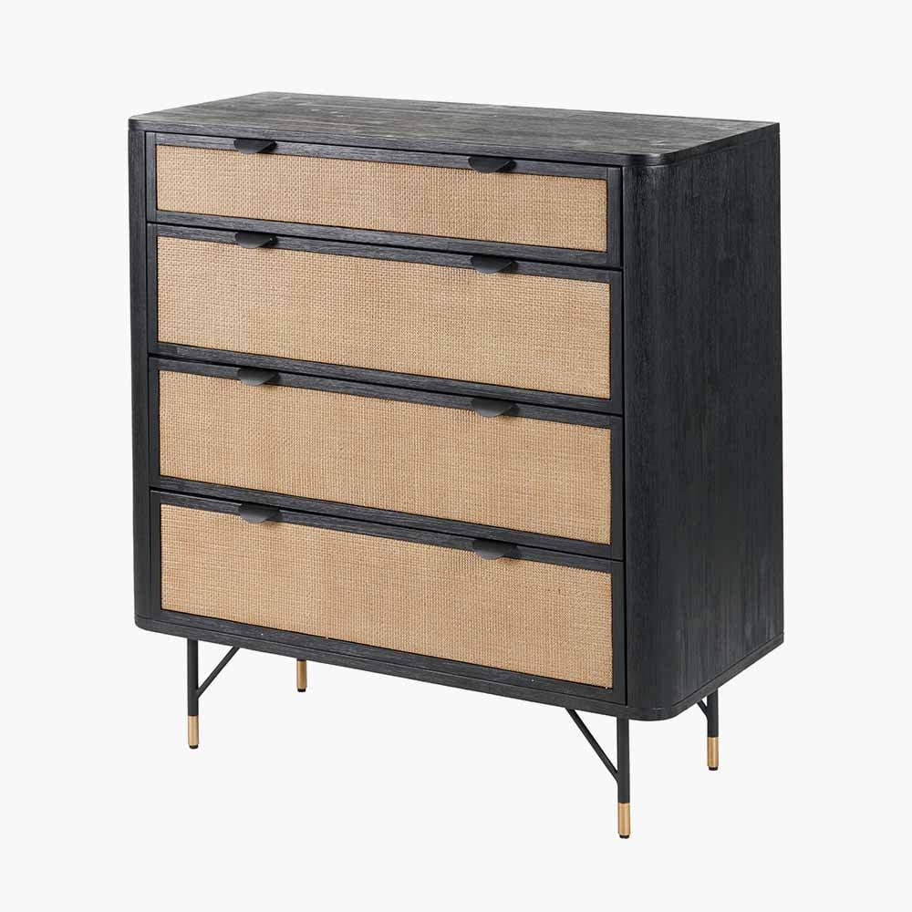 Fiji Black Acacia Wood and Natural Rattan 4 Drawer Unit.